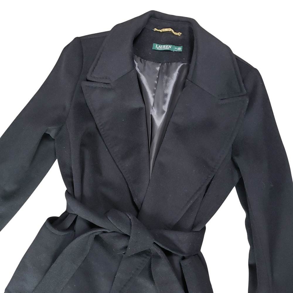 Ralph Lauren Black Wool Cashmere Wrap Belted Open Long Trench Coat Sz 14 - Picture 3 of 14